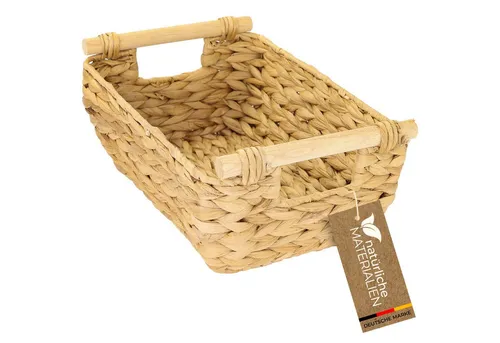 HMF Aufbewahrungskorb Aufbewahrungskorb mit Holzgriffen, Korb geflochten aus Wasserhyazinthe, Badezimmerkorb, lang und bauchig, 32 x 22 x 12 cm