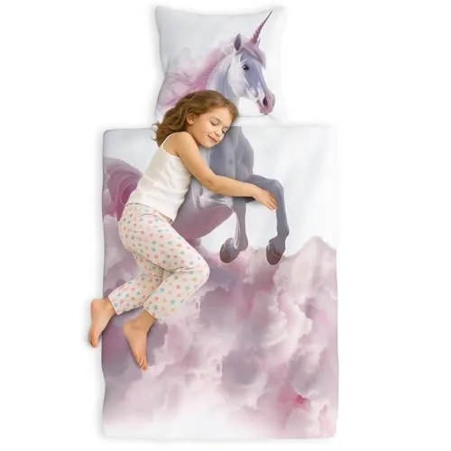 Carpe Sonno Kinderbettwäsche 135x200 Einhorn - Interaktive Bettwäsche-Sets für Kinder: Dein Gesicht vervollständigt das Einhorn-Design! Aus 100% Baumwolle, waschbar bis 60°C und mit praktischem Reißverschluss.