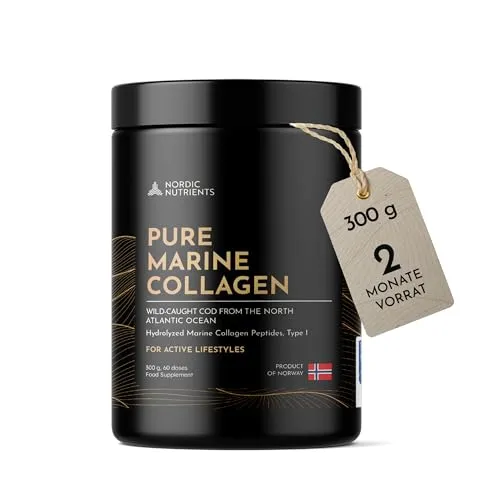 Marines Kollagen Pulver Typ I | Norwegischer Wildfang | Dermatest +34,8% Hautfeuchtigkeit | 95% Protein für Haut, Haare, Gelenke & Regeneration | MSC-zertifiziert | 300 g (60 Portionen)