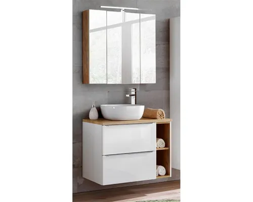 Lomadox Badmöbel-Set TOSKANA-56, weiß & Wotaneiche - Elegantes Badmöbel-Set in weiß Hochglanz und Wotaneiche, inkl. Spiegelschrank mit LED-Leuchte und Soft-Close-Schubladen für mehr Komfort und Stil in Ihrem Badezimmer.