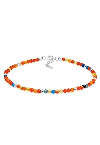 Nenalina Fußkettchen Silber Boho Fashion aus bunten Perlen und Silberkugeln, Damen Knöchel Stein Armband verstellbar für Damen und Mädchen, Länge 22-25 cm, 925 Sterling Silber, 281001-050