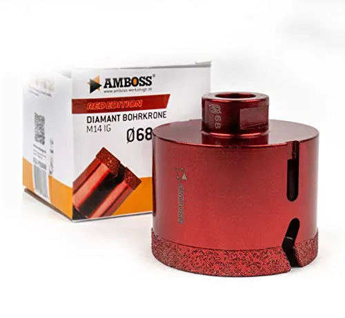 Amboss Red Edition Diamanttrockenbohrer 68 mm - Lochsäge für Trockenschnitt, extrem langlebig und optimal für harte Materialien wie Feinsteinzeug und Granit. Ideal für professionelle Anwendungen mit handelsüblichen Winkelschleifern.
