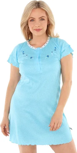 Nachthemd Damen kurzer Arm mit Spitze und Stickerei Nachtgewand Nachtwäsche, Größe:XL, Farbe:Türkis mit Stickerei