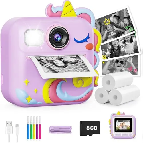 KOKODI Kinderkamera Sofortbildkamera 3-12 Jungen Mädchen | 1080P Videoaufnahme, 8GB Karte, MP3 Unterstützung, 3s Instantdruck, 2,4‑Zoll‑HD‑Display, Blitz, Verzögerte Aufnahmen