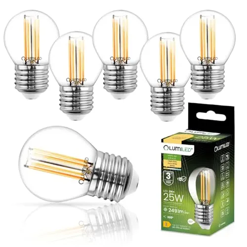 Lumiled P45 E27 LED Lampe 2W (ersetzt 25W), 249Lumen, Vintage Filament Klar Glas LED Lampe Tropfenform Tropfen Kugel 3000K Warmweiß Birne Lampen 360° Strahlwinkel Glühbirnen Kugelbirnen 6er-Pack