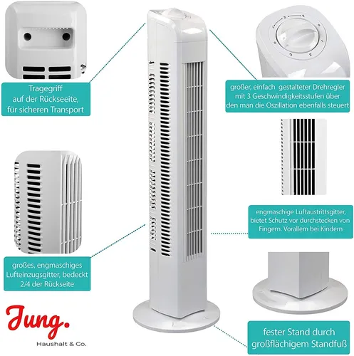 Produktbild JUNG TF01 Turmlüfter, 76 cm, Säulenventilator, Raumlüfter, leise, kompakt, für Wohnzimmer, Büro, Tischventilator, platzsparend, Luftzirkulation, Energ