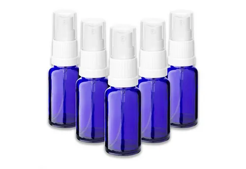 CK Verpackung GmbH Pipettenflasche 5x Blaue Glasflasche 20 ml mit weißem Zerstäuber Sprükopf 18 mm leer