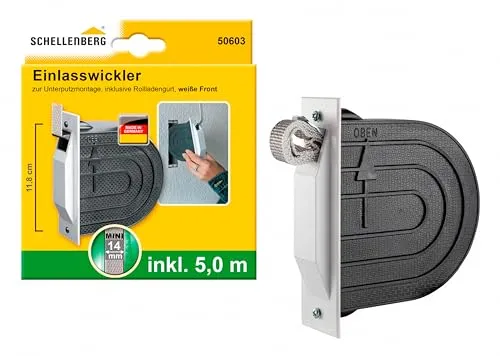 Schellenberg Einlasswickler-Set Mini mit Mauerkasten und Rolladengurt, 118 mm, weiß - Komplettset für die Erneuerung eines Gurtwicklers: inkl. PVC-Mauerkasten, 5 m Rolladengurt und Abdeckplatte in Weiß. Einfache Unterputz-Montage mit 118 mm Lochabstand und 123 mm Einbautiefe.