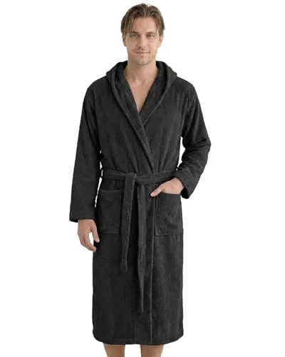 LAYNENBURG Herren Bademantel Frottee - 100% Baumwolle, wadenlang mit Kapuze (XXXL schwarz) - Hochwertiger Frottee-Bademantel aus 100% Baumwolle für optimalen Tragekomfort. Saugstark und atmungsaktiv, ideal für Sauna und Zuhause. Pflegeleicht und robust, bleibt weich nach vielen Wäschen.
