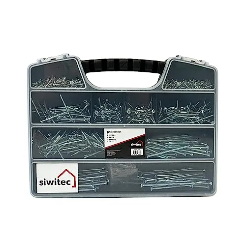 siwitec Schrauben-Set 600-teilig - Schraubenbox mit 600 Holzschrauben und drei Torx Bits, ideal für Heimwerker und Profis. Die Senkkopfschrauben aus blau verzinktem Stahl bieten hohe Haltbarkeit und Rostbeständigkeit.