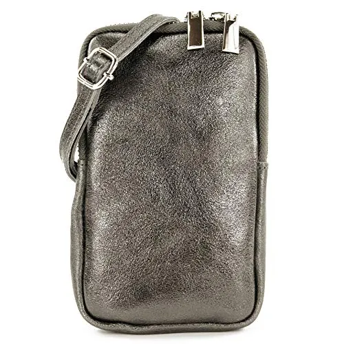 modamoda de T197 Damen Leder Handytasche 6,7 Zoll Umhängetasche handmade in Italy, Farbe:Anthrazit Metallic