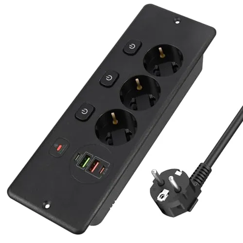 LustLocke Versenkbare Steckdose 3 Fach mit USB Ports - Steckdosen & Zubehör: Platzsparende Tischsteckdose mit 3 Schuko-Buchsen und 4 USB-Anschlüssen für schnelles Laden, ideal für jeden Arbeitsplatz.