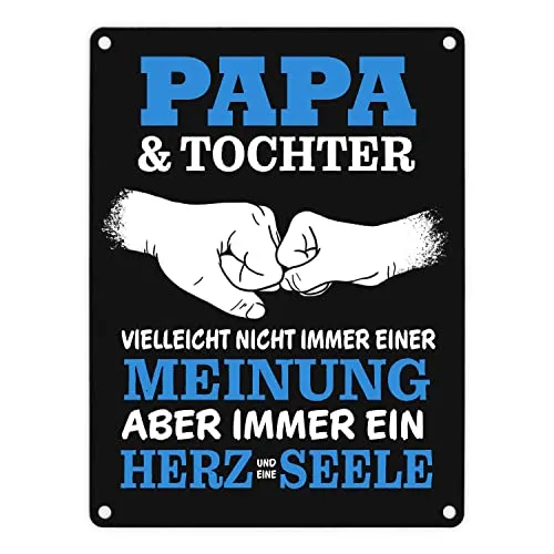 Papa & Tochter, ein Herz und eine Seele Metallschild in 15x20 cm mit Spruch in blau als schöne Dekoration für Papas Lieblingsplatz, um die Freundschaft zwischen Vater und Kind zu