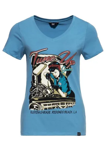 Queen Kerosin Damen Kurzarm T-Shirt V Ausschnitt Tune Up Print - Stylisches Damen T-Shirt mit auffälligem Pinup Print, ideal für Rockabilly-Fans. Der Slim Fit betont die feminine Silhouette und sorgt für hohen Tragekomfort dank elastischer Baumwolle.