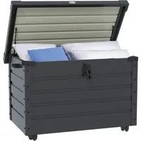 Furnicato Outdoor Aufbewahrungsbox 295L mit Rollen Dunkelgrau - Robuste, wasserdichte Aufbewahrungsbox für den Außenbereich mit 295 Litern Volumen. Ideal für Gartenzubehör und Werkzeuge, einfach zu transportieren dank integrierter Rollen und Griffen.
