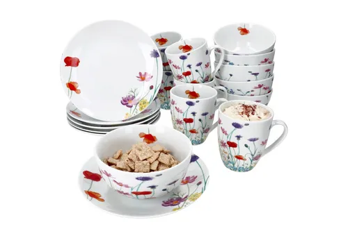 MamboCat Marie 18tlg Frühstücksset - Kaffeeservice für 6 Personen, aus robustem Porzellan mit frühlingshaftem Blumenwiese-Dekor. Ideal für den Alltag oder besondere Anlässe, spülmaschinen- und mikrowellengeeignet.