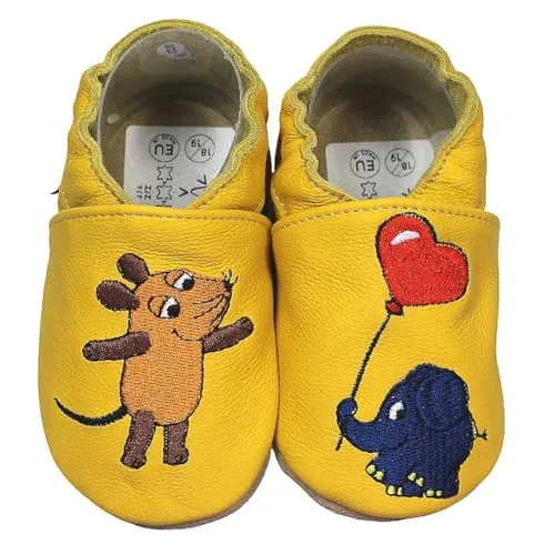 Krabbelschuhe Maus mit Elefant Herz gelb 20/21 - Babyschuhe aus weichem Rindsleder, perfekt für erste Krabbel- und Gehversuche. Rutschfeste Sohle für sicheren Halt und einfaches An- und Ausziehen.
