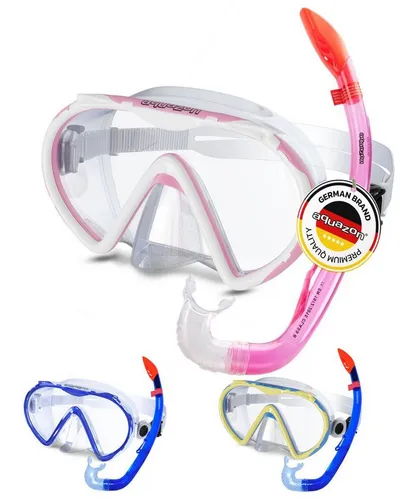 AQUAZON Korfu Schnorchelset für Kinder - Hochwertiges Schnorchelset für Kinder von 7-12 Jahren mit Tempered Glas und semi Dry Top für besten Komfort und Sicht unter Wasser.