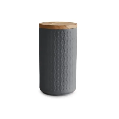 Springlane Vorratsdose 900 ml Dunkelgrau – mit Holzdeckel & Rautenmuster – Aufbewahrungsdose 18,3 x 10,1 cm aus Keramik für Kaffee, Tee, Müsli und mehr