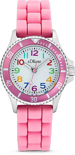 s.Oliver Armbanduhr Jungen Kinder Quarzuhr Analog, Pink mit Silikon Armband - Armbanduhren für Mädchen, stilvolles Design mit bequemem Silikonarmband, 3 bar wasserdicht und inklusive Geschenkbox für besondere Anlässe.