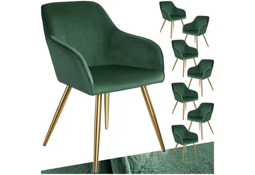 tectake® Esszimmerstühle mit Armlehne - Ergonomischer Samtstuhl im 8er Set, dunkelgrün/Gold - Esszimmerstühle mit elegantem Samtbezug und ergonomischer Form für optimalen Sitzkomfort. Ideal für Esszimmer, Wohnzimmer oder Arbeitszimmer und perfekt kombinierbar.