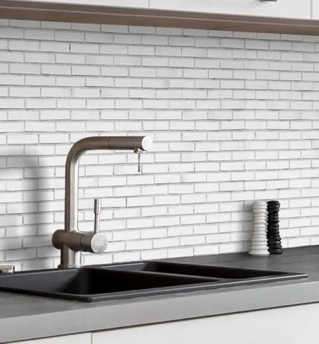 MyMaxxi Küchenrückwand Folie selbstklebend matt Versteift - einfache Montage ohne Bohren - Motiv Klinker weiß 60cm hoch - Spritzschutz Küche Klebefolie - Wand Mauer 340 x 60cm