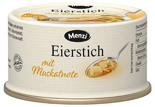 Menzi Eierstich mit Muskatnote 125g Dose - Vegetarische Suppeneinlage - Vegetarische Eierstich-Dose mit feiner Muskatnote, ideal für Suppen und eine schmackhafte, glutenfreie Ergänzung in der deutschen Küche.