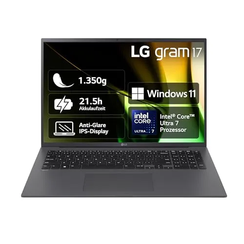 LG gram 17 Zoll Notebook - Ultra leichter Intel Core Ultra7 Laptop - Laptops mit 32GB RAM und 2TB Dual SSD, nur 1.350g schwer, ideal für maximale Mobilität und bis zu 21,5 Stunden Akkulaufzeit.
