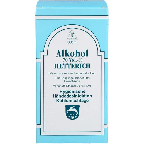 Alkohol 70% V/v Hetterich - Arzneimittel, hochwirksamer Desinfektionsalkohol mit 70% Volumenanteil, ideal zur hygienischen Reinigung und Desinfektion von Haut und Oberflächen.