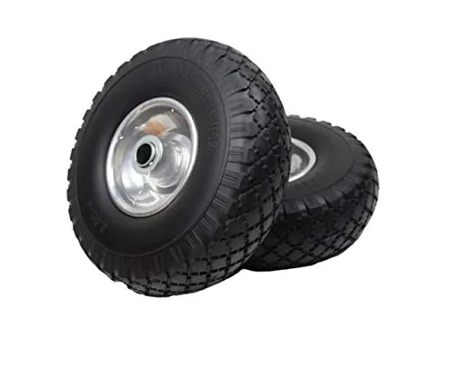 HKB ® 2 x schwarzes PU-Sackkarrenrad - 3.00-4 - Kugellager, ø=260mm, Tragkraft 100kg, Achse ø 20mm 75mm breit, Pannensicher PU-Schaum Gummiprofil, silber Metallfelge und 2 Kugellagern