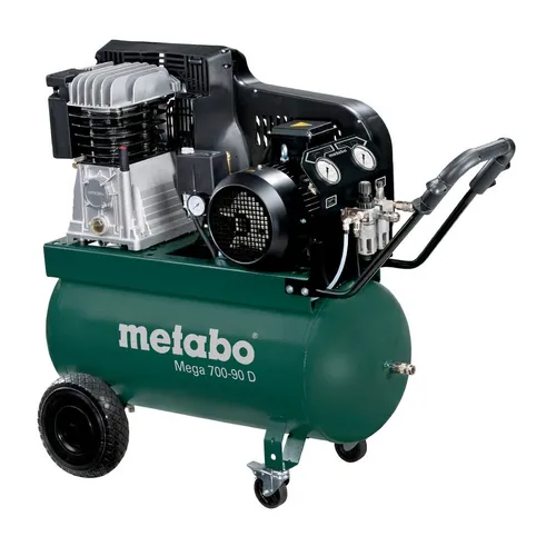 Metabo Kompressor Mega 700-90 D Karton - Robuster Keilriemenkompressor für hohe Leistung und lange Lebensdauer. Ideal für anspruchsvolle Einsätze mit niedrigem Geräuschpegel und 10 Jahre Kesselgarantie gegen Durchrostung.