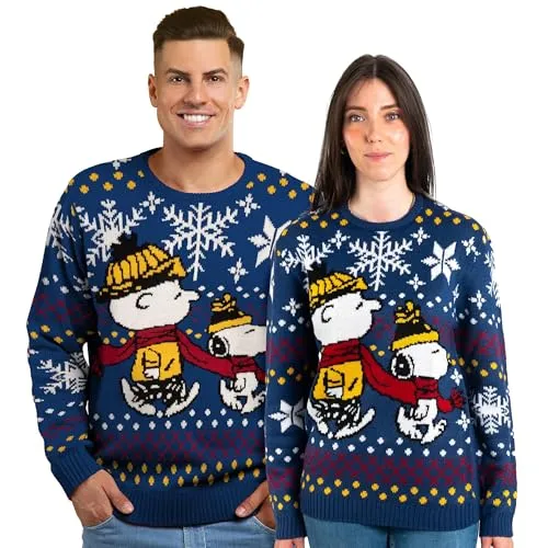 United Labels Snoopy Weihnachtspullover Unisex, Blau, M - Pullover für Herren, festlicher Ugly Sweater mit Snoopy-Motiv – ideal für Paare und gemütliche Wintertage, 100% Acryl für hohen Tragekomfort.