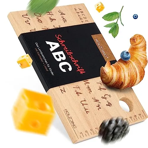 HOLZDING® Lern-Brettchen mit Eierhalter, Lineal, Geschenkidee für Kinder (ABC-Schreibschrift)