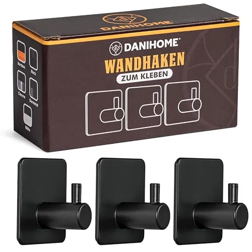 DANIHOME® Handtuchhalter Schwarz ohne Bohren - Extra Starker Klebehaken für Küche und Bad, Wandhaken Selbstklebend, Handtuchhaken für Badezimmer & Küche, Kleben Statt Bohren, Kleiderhaken Schwarz