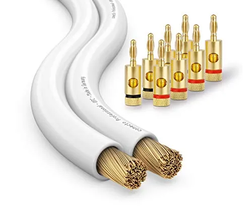 conecto CC50525 OFC Professional Audio Lautsprecherkabel, Querschnitt 2x1,50mm² (99,9% OFC Vollkupfer 48x0,20mm Litze), 50,0m, weiß, Set inkl. 8 Bananenstecker