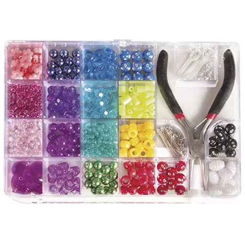 Rayher 14797999 Perlen-Box mit Zange, 20 x 13,5 cm, Inhalt 170 g, bunt gemischt, Farb- und Größenmix, Perlen zum Auffädeln, Kunststoffperlen, Plastikperlen