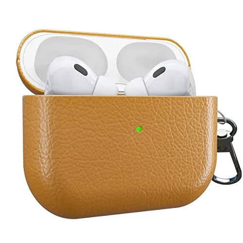 MyGadget Kunstleder Hülle kompatibel mit Apple Airpods Pro 2. Generation (2022) - Case [Qi kompatibel] - robuster & stoßfester Bumper mit Karabiner in Hell Braun