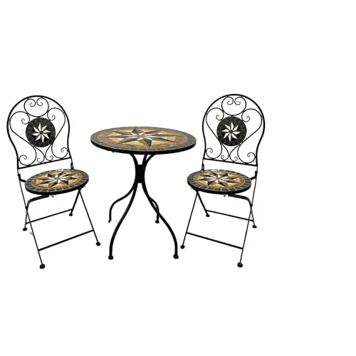 Wohnando 3tlg. Bistroset mit Mosaik Tisch - Bistrosets für die Terrasse - klappbar und wetterfest, ideal für kleine Balkone und Gärten, schafft eine stilvolle Oase der Entspannung.