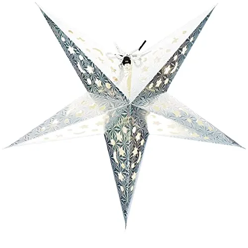 com-four® Leuchtstern in 3D mit LED Beleuchtung und Timer in warm-weiß zum Aufhängen, Stabiler Premium Papierstern in silberfarben (01 Stern - silberfarben - 43cm)