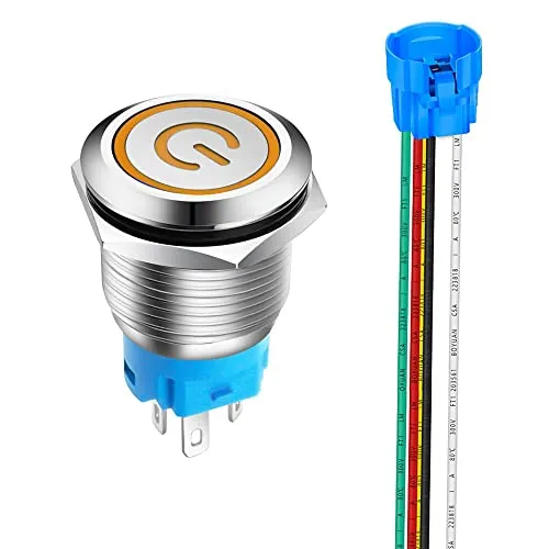 Gebildet 19mm Edelstahl Latching Drucktastenschalter 12V-24V 5A Power Symbol LED 1NO1NC SPDT ON Off Wasserdichter Kippschalter mit Steckdose Stecker (Orange LED)