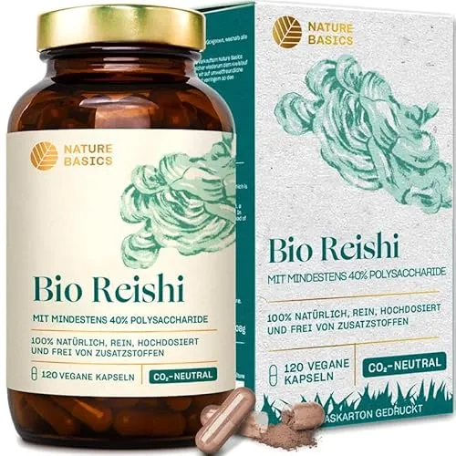 Nature Basics Bio Reishi Kapseln 1500mg - Vegan & Nachhaltig - Pflanzenextrakte mit 120 Kapseln hochdosiertem Bio Reishi, ideal für die Unterstützung des Wohlbefindens und aus 100% nachhaltiger Produktion.
