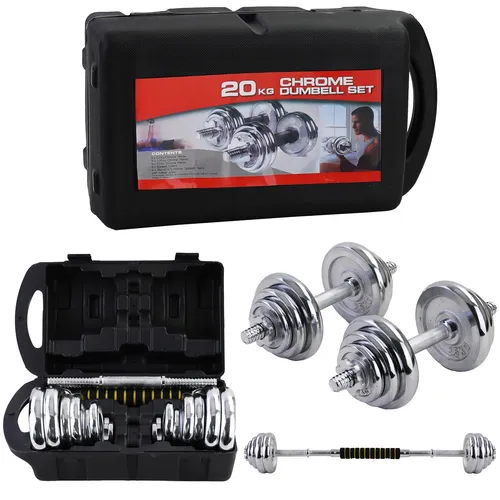 RAMROXX Hantel-Set 20 kg - Profi Kurzhantel & Langhantel Set - Hantelsets aus robustem Gusseisen mit verchromten Griffen, ideal für effektives Krafttraining zu Hause.