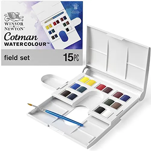 Winsor & Newton 0390083 Cotman Compact Aquarellfarben Set, lebendige Wasserfarben mit hoher Lichtechtheit, große Farbauswahl, Alterungsbeständig - 14 Farben in 1/2 Näpfen, Mischpalette