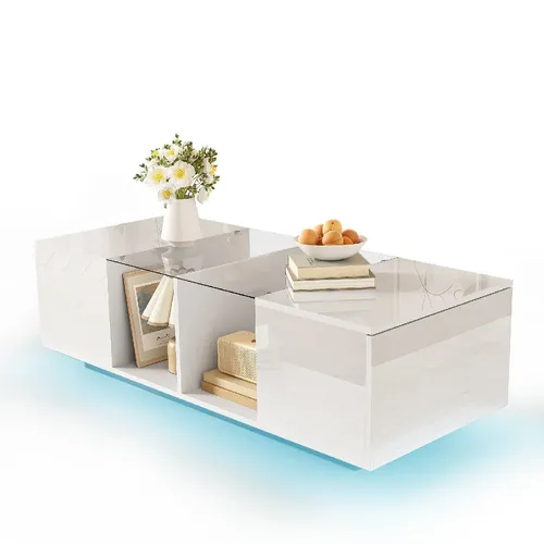 Moderner Couchtisch mit LED-Beleuchtung und Glasplatte, 120x50x38,5cm - Eleganter Couchtisch in Weiß mit innovativer LED-Beleuchtung in 16 Farben, ideal für stimmungsvolle Akzente. Praktischer Stauraum durch seitliche Schranktüren – perfekt für ein modernes Wohnambiente.