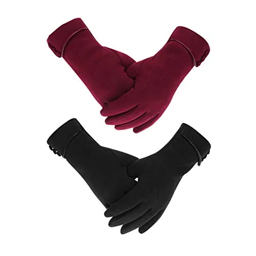 LAMA 2 Paar Damen Winter Touchscreen Handschuhe - Warmer Plüsch Gefüttert Winddicht Dicke Winterhandschuhe für Frauen und Mädchen - Schwarz + Rot