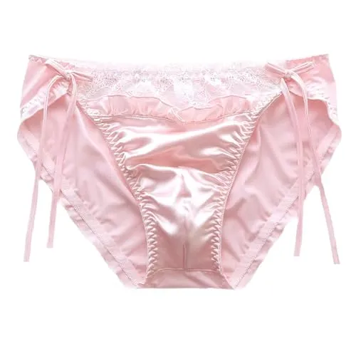 ZooChest Satin Unterhosen Damen Sexy Low Rise Spitze Sissy Slips Höschen Unterwäsche Rosa Panties M