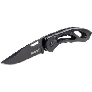 Wolfcraft Klappmesser 4288000, Einhandmesser, 7cm Klingenlänge, schwarz, mit Gürtelclip