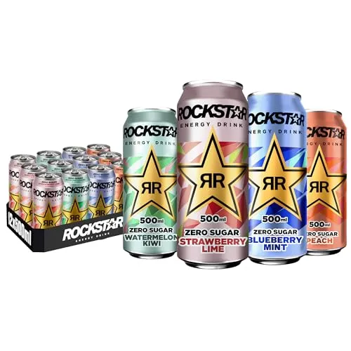 Rockstar Energy Drink Zero Sugar 12x500ml – Fruchtiger Genuss ohne Zucker - Energy Drinks: Zuckerfreier Mix mit Blueberry Mint, Peach, Strawberry Lime & Watermelon Kiwi – kalorienarm und koffeinhaltig für mehr Energie bei Arbeit und Freizeit.