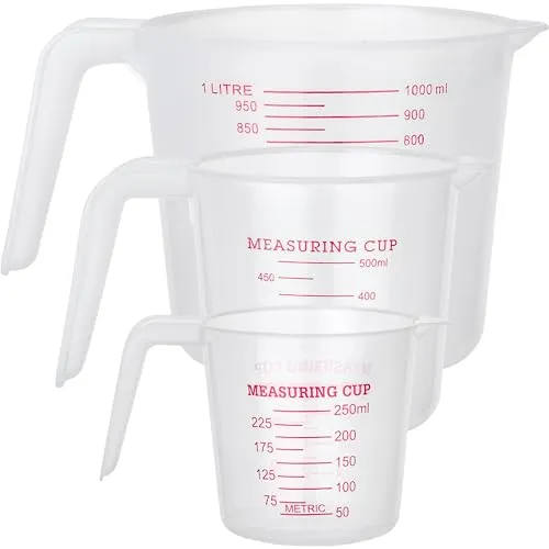 ISOLATECH Messbecher Set Kunststoff klein 250ml 500ml 1l mit mehreren Skalen hitzebeständig durchsichtig transparent weiß Backen Cups Chemie Farbe Futter Industrie KFZ Küche Labor Waschmittel