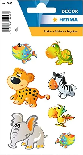 HERMA 15043 Aufkleber Gepard klein, 21 Stück, Tiere Sticker mit lustigen Elefant Zebra Schildkröte Fisch Papagei Motiv, Kinder Etiketten für Fotoalbum Tagebuch Scrapbooking Geburtstag Deko Briefe DIY